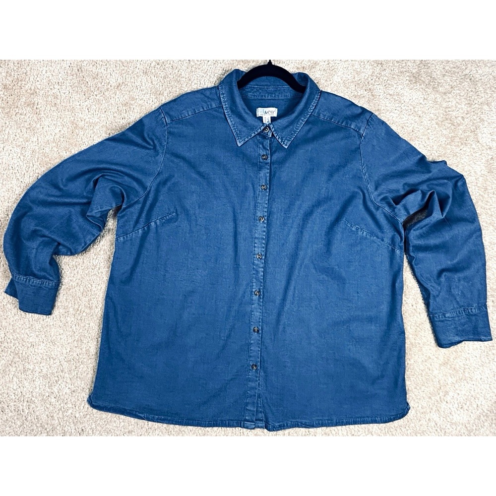 Denim & Co Blue Denim Button-Up Collared Long Sleeve Shirt Plus 1X A596306